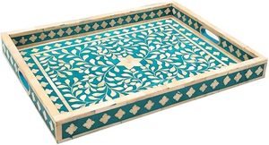 Plateau de service en incrustation d'os en bois fait à la main motif floral plateau de service en incrustation d'os artisanat traditionnel floral fait à la main à bas prix - Product Image 4