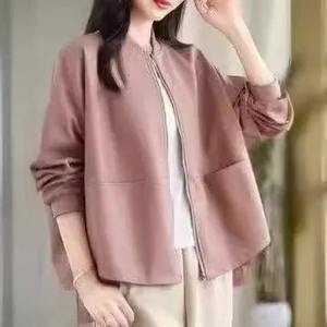 Printemps Automne Nouvelle Couleur Unie Simple Col Montant Manches Longues Vintage Loose-fit Cropped Veste Femmes Haut En Cuir - Product Image 2