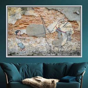 Toile imprimée avec un garçon et un dinosaure : impression d'art graphique moderne, toile encadrée blanche - Product Image 1