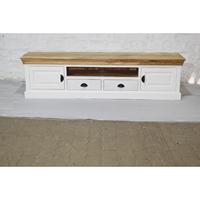 Meuble TV extensible de style européen traditionnel, en bois massif blanc classique, avec 2 tiroirs et plateau marron, polyvalent pour salon