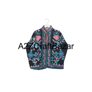 Veste en velours bohème à fleurs brodée à la main, veste imprimée pour femmes avec doublure en laine, vestes Suzani faites à la main - Product Image 1