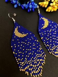Moon night beaded earrings Beaded earrings Drop earrings Boho earrings <b>Fringe</b> earrings Night <b>bead</b> earrings - Product Image 4