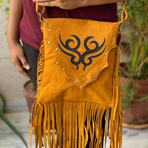 Bolso de mano con flecos de gamuza, de cuero, bohemio, elegante, con borla - Product Image 1
