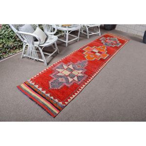Vintage 2.5x11.3 ft Turkish <b>Red</b> Abstract <b>Wool</b> Rug Eco Friendly Patchwork Latex Backed - Product Image 1