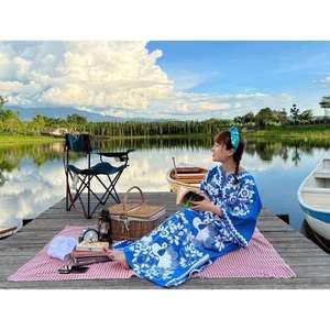 Vestido Kaftan Maxi Bordado Azul y Blanco para Mujer, Estilo Bohemio Étnico, Largo hasta el Suelo, Holgado, de Algodón, Cintura Natural, Ropa de Resort - Product Image 3