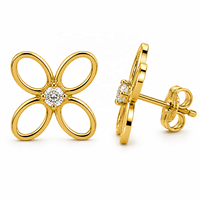 JJBRAVO Pendientes de flor de pétalos abiertos de oro macizo de 14k con circonita redonda para mujer, joyería fina elegante, regalo para fiesta de boda