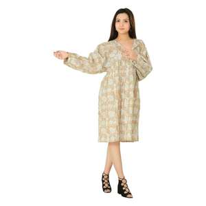 Vestido de algodón bohemio hippie 6XL, ropa informal de verano con mangas cortas de túnica, decoración de encaje, estampado de bloques florales, hasta la rodilla, lavable - Product Image 1