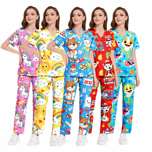 Conjunto de Uniforme Médico Personalizado para Mujer con Estampado de Dibujos Animados, Cuello en V, Manga Corta, Parte Superior y Pantalones, para Enfermeras y Personal de Salud - Product Image 2