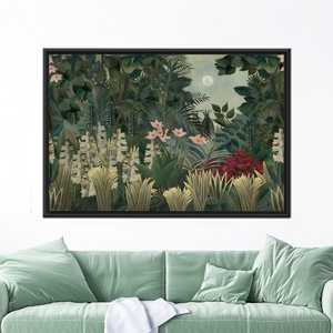 Arte de pared en lienzo con diseño de selva etérea al luz de la luna, impresión de naturaleza estilo Henri Rousseau, 1P: con marco negro - Product Image 1