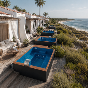 Piscina rectangular de acero sobre suelo, tipo spa para exteriores, con escalera de seguridad y plataforma de madera. - Product Image 3