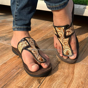Hand Tooled Carved Genuine Leather Women Outdoor Flipflop Western Floral Tooling Sandal Premium Quality Cowhide Leather Sandals - Product Image 2