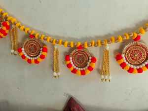 Handmade <b>Gota</b> Pom Pom Toran/ Bandarwar with Pearl Tassels Indian Toran Entryway Door Hanging Pooja Room & Diwali Home Decoration - Product Image 2