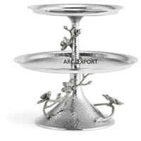 Support à gâteau de luxe à 2 niveaux en métal argenté forme ronde grand papillon Design Table Top Décoratif Support de service à gâteau à bas prix