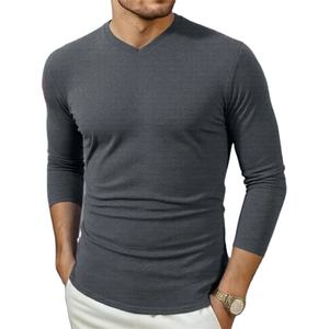 เสื้อยืดคอวีแขนยาวคอวีสีทึบแนวธุรกิจลำลองสำหรับผู้ชายเสื้ออเนกประสงค์แฟชั่นใส่สบายสำหรับฤดูใบไม้ร่วงและฤดูหนาว - Product Image 3