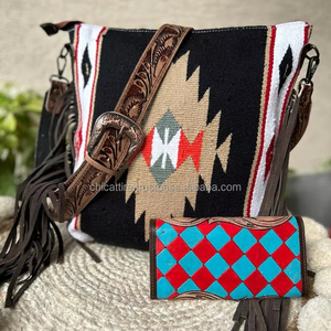 New Bohemian Hand Tooled Leather Saddle <b>Blanket</b> Tassel Handbag Stylish Hand Carving Leather Floral Wallet Combo Set for Women's - Product Image 4