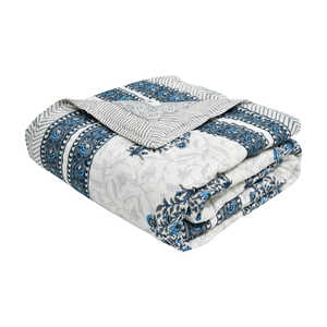 Couette en coton faite à la main taille unique bleu gris Buta Kantha motif main bloc impression pour les hivers légers (150x225 cm) - Product Image 3