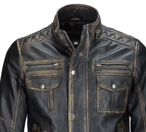 Chaqueta de cuero de motorista de estilo clásico para hombre personalizada al por mayor, chaqueta de cuero de vaca de invierno con cuello levantado, marcas rústicas naturales, negro desgastado - Product Image 2