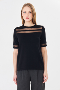 Blusa de manga corta con cuello redondo y patchwork de malla para mujer - Product Image 6