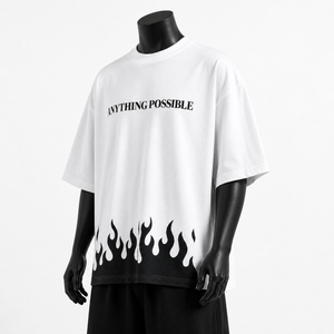 Custom Oversized White <b>Flame</b> Print T <b>Shirt</b> Men Heavyweight Cotton Streetwear Graphic Loose Fit Drop Shoulder Casual Fashion Tee - Product Image 3
