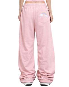 Customized Pink Butterfly Moon Print Wide Leg Sweatpants <b>Women</b> Oversized Cute Streetwear <b>Fleece</b> Jogger Pants Custom OEM ODM - Product Image 4