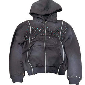 Personalizado Vintage Invierno Lavado con ácido Totalmente Rhinestone Cremallera Sudaderas Peso pesado 100% Algodón Oversized Drop Shoulder Hoodie para los hombres - Product Image 1