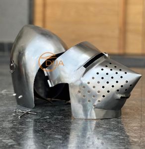 Casque de chevalier médiéval en acier avec visière, armure faciale avec trous de ventilation perforés pour collectionneurs, reconstitution historique, exposition - Product Image 6