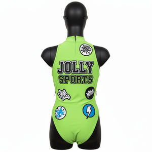 Maillot de bain une pièce pour femme, 240 GSM, polyester et élasthanne, vert néon, panneaux latéraux en mesh, logo personnalisé. - Product Image 3