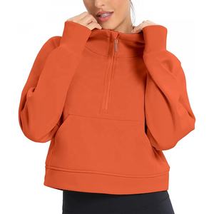 <b>Women's</b> Long Sleeve Fleece Lined Hoodies Winter Workout Pullover Tops with Thumb Hole Short Crop <b>Half</b> <b>Zip</b> <b>Sweatshirt</b> - Product Image 1