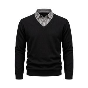 <b>Mens</b> <b>Black</b> V Neck <b>Knit</b> Sweater Long Sleeve Pullover Classic Textured Casual <b>Jumper</b> Button for Wholesale Apparel Suppliers - Product Image 3