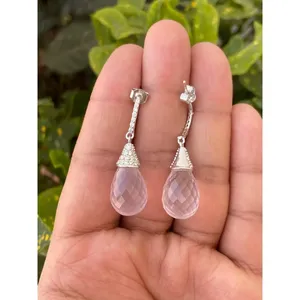 Boucles d'oreilles pendantes en argent 925 avec quartz rose, bijoux tendance pour femmes - Product Image 1