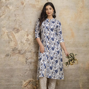Kurta Droite en Coton Imprimé à la Main de Haute Qualité avec Pantalon pour Femmes, pour Mariage et Tenue Décontractée - Product Image 1