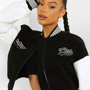 DIY Patch Varsity Style Women Crop <b>Jacket</b> Leather Sleeve Varsity <b>Jacket</b> Women Drop Shoulder Neutral Varsity Trends Bomber <b>Jacket</b> - Product Image 4