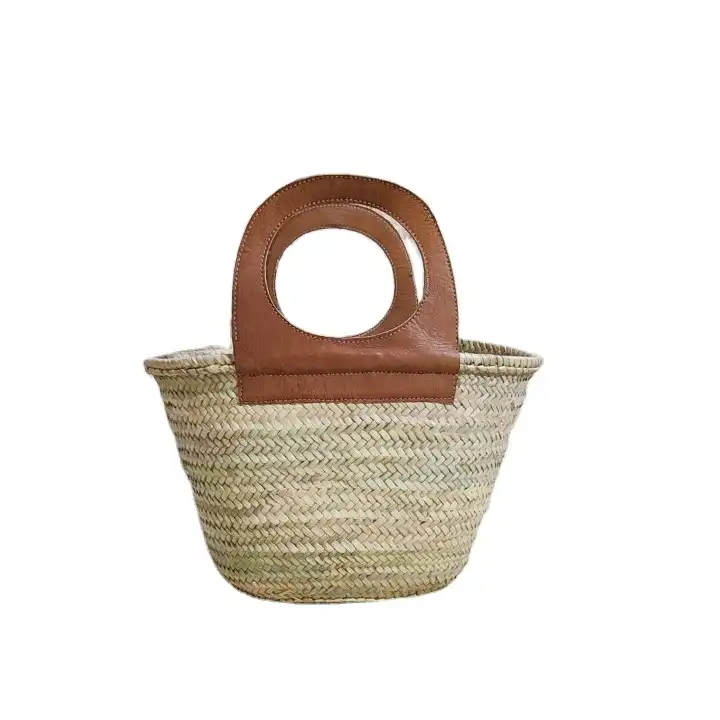 Source Straw bag French Basket Handle- size Medium- leather french