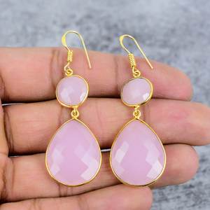 925พลอยคาลซิโดนีสีชมพูต่างหูชุบทองและเงินสเตอร์ลิงต่างหูทรงกลมลูกแพร์สำหรับต่างหูงานแต่งสไตล์โบฮีเมียนสำหรับผู้หญิง - Product Image 2