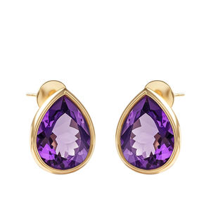 Pendientes de tuerca en forma de pera de amatista natural con fabricación de joyas de oro amarillo sólido de 14K - Product Image 1