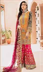 Faux Georgette Shalwar Kameez con pesado trabajo hecho a mano perla bordada Dupatta y Santoon conjunto de tendencia interior - Product Image 3