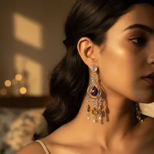 Boucles d'oreilles pendantes vintage en argent 925 pour femmes, plaquées or 18 carats, avec citrine et perle, bijoux avec diamant pour cadeaux - Product Image 2