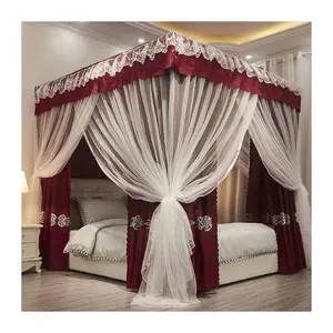 Hai lớp vải Lanh tán Rèm cửa với ruffles lớn thanh lịch giường tán rèm cửa tuyệt rèm cửa với kệ cô dâu đầy đủ thiết lập