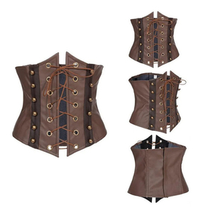 Wholesale 2025 Brown Steampunk Corset Gothic Faux Leather Underbust Corset with Vintage Buttons Waist <b>Lace</b>-up Shaper OEM - Product Image 1