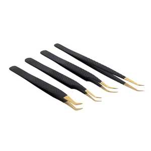 Pinces à épiler professionnelles de haute précision en acier inoxydable noir et or, extensibles, antistatiques, avec embouts en fibre - Product Image 2