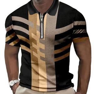 Camisa de hombre al por mayor de fábrica, 100% poliéster, con cremallera, estampado a rayas, casual, con solapa, para golf, de secado rápido, de media manga. - Product Image 3