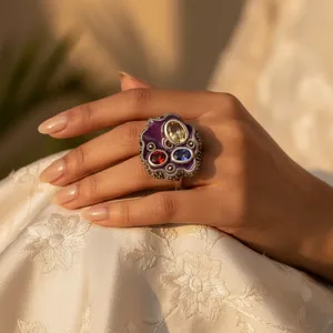 Women's 925 Silver Multi-Gemstone Cocktail <b>Ring</b> Statement Geometric Design with 10k Gold & 18k Rose Gold Fine or Fashionable - Product Image 2