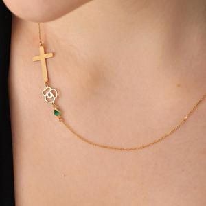 Personalized Gold Plated <b>Cross</b> Necklace with Birthstone, Handmade <b>Silver</b> <b>Cross</b> <b>Pendant</b> with Birth Flower, Mother Necklace, Moth - Product Image 2