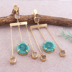 Handmade Designer Statement <b>Earrings</b> Natural Multi-Gemstone Green Solar Quartz Drop Danglers 18K Gold Brass Metal Drops - Product Image 2