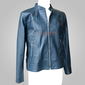 2025 Chaqueta de cuero de piel de oveja azul original para mujer OEM de fábrica MOQ bajo 100% Chaquetas de moda calentadas al por mayor de alta calidad - Product Image 4