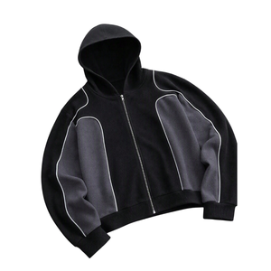 Mens Oversized <b>Black</b> <b>Fleece</b> Zip Hoodie Jacket Solid Contrast Grey Panels White Piping Casual Warm Winter Streetwear Outerwear - Product Image 1