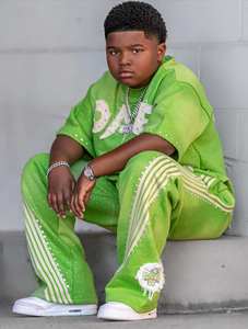 Conjuntos de dos piezas con parches bordados y apliques personalizados para niños 100% algodón a rayas de pantalones de chándal doble cintura chándal de dos piezas 2025 - Product Image 2