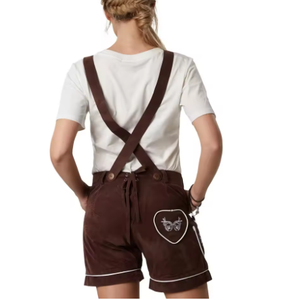 Lederhosen en daim marron de style bavarois pour femmes avec broderie blanche et décoration de boutons longueur genou - Product Image 6