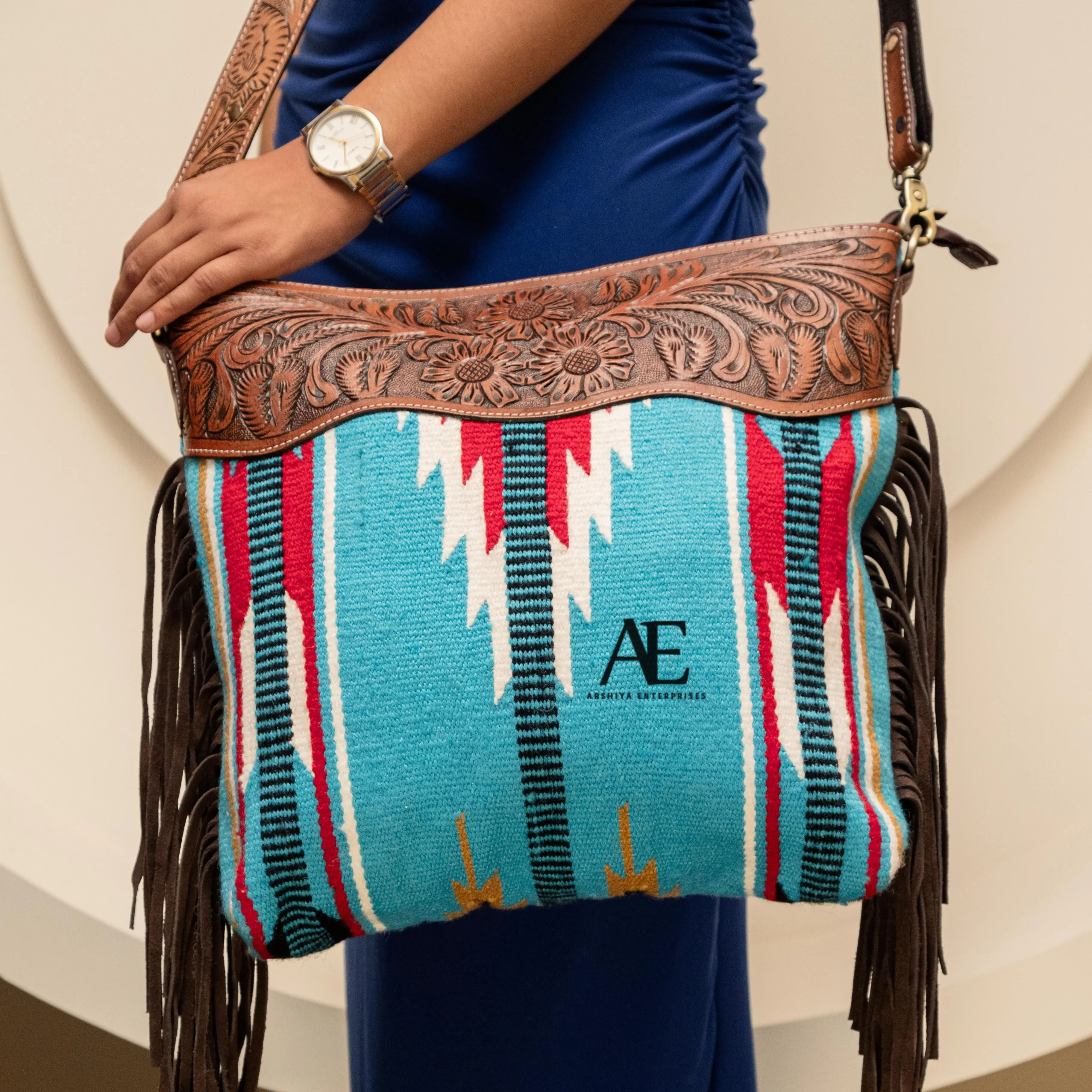 New Western Unique Design Hand Tooled Fringe Handbag Aztec Saddle Blanket Sling Bag Bohemian Unique Design Stylish Bag For Women