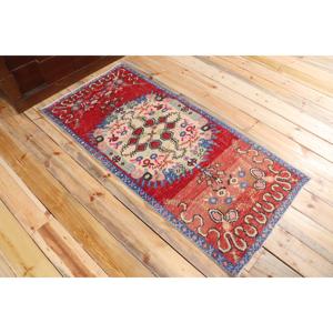 Turkish Eco-Friendly Rug 2.4x5.2 ft Small <b>Red</b> Patchwork <b>Wool</b> Vintage Rug with Latex Backing - Product Image 4